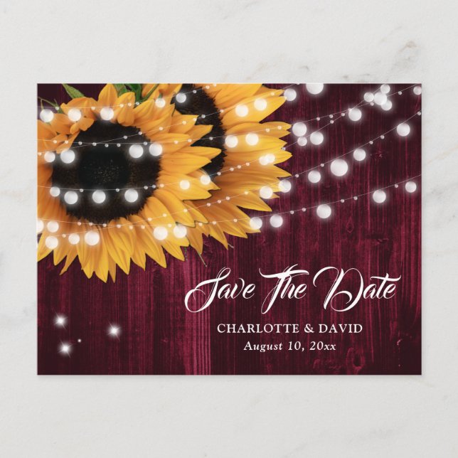 Burgundy Sunflower Wedding Save The Date Postcard (Front)