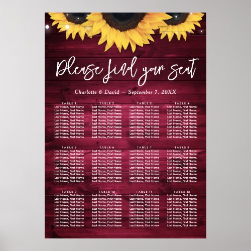 Burgundy Sunflower Wedding Seating Chart 12