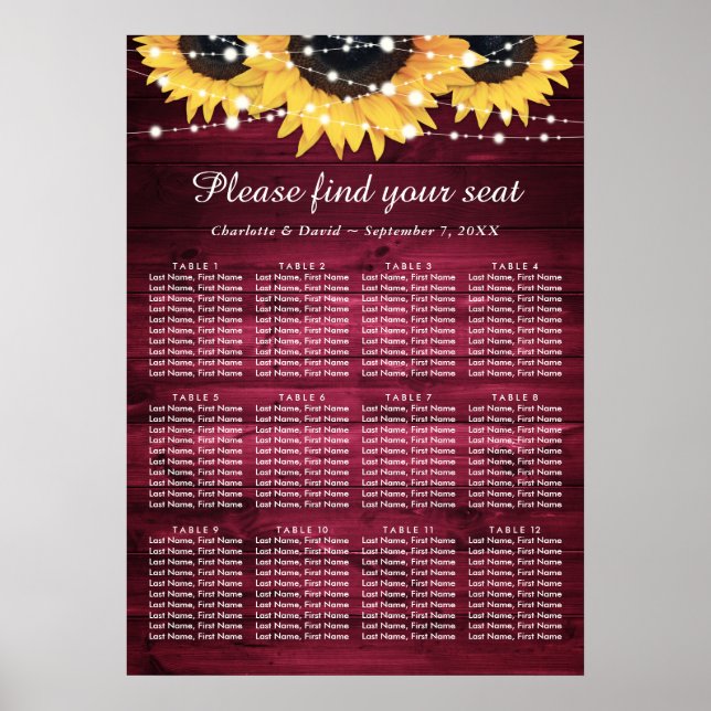 Burgundy Sunflower Wedding Seating Chart 12 (Front)