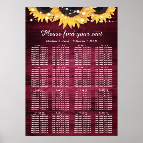 Burgundy Sunflower Wedding Table Plan 16 Poster