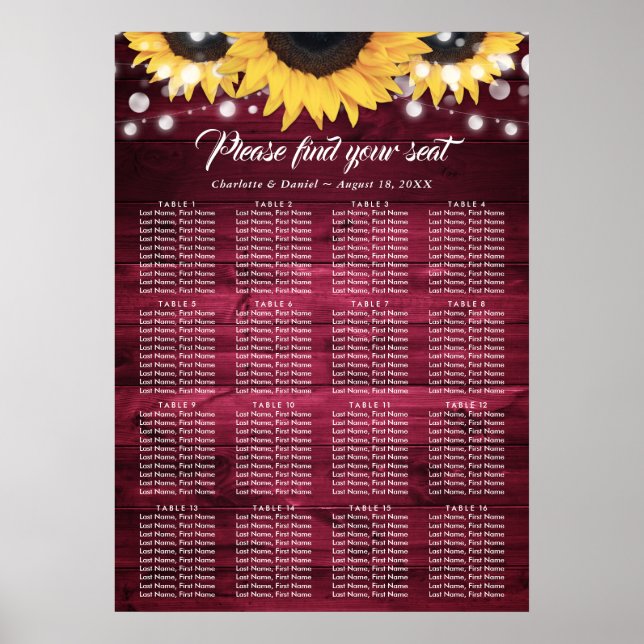 Burgundy Sunflower Wedding Table Plan 16 Poster (Front)