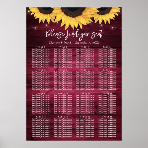 Burgundy Sunflower Wedding Table Plan 16 Poster