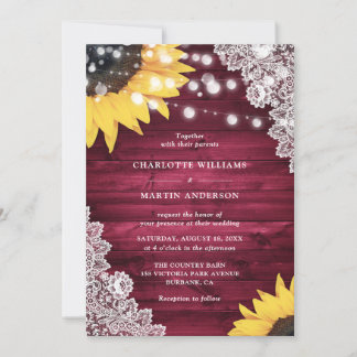 Burgundy Sunflower Wood Floral Lace Wedding Invitation
