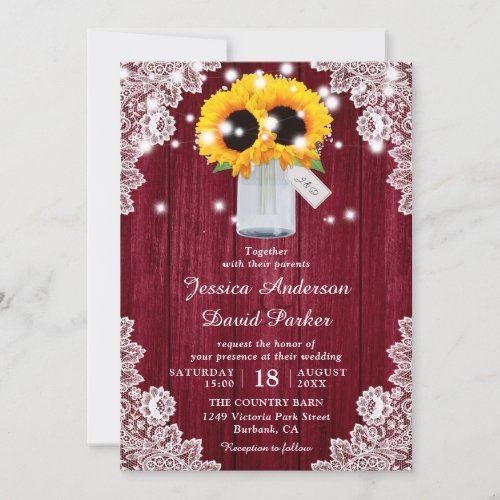 Burgundy Sunflower Wood Lace Mason Jar Wedding Invitation