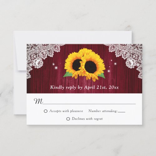Burgundy Sunflower Wood Lace Rustic Wedding RSVP Card