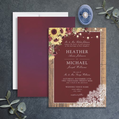 Burgundy Sunflower Wood Lace Script Wedding Invita Invitation