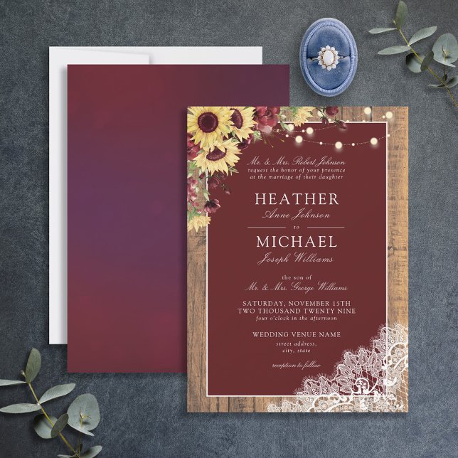 Burgundy Sunflower Wood Lace Script Wedding Invita Invitation (Creator Uploaded)