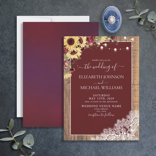 Burgundy Sunflower Wood Lace Script Wedding Invita Invitation