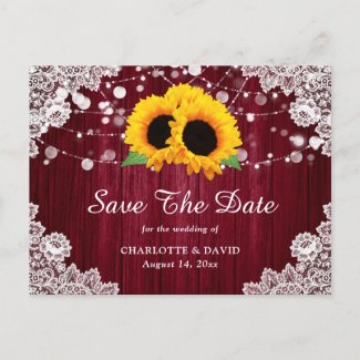 Burgundy Sunflower Wood Lace Wedding Save The Date