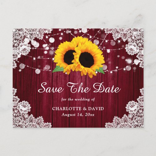 Burgundy Sunflower Wood Lace Wedding Save The Date Announcement Postcard