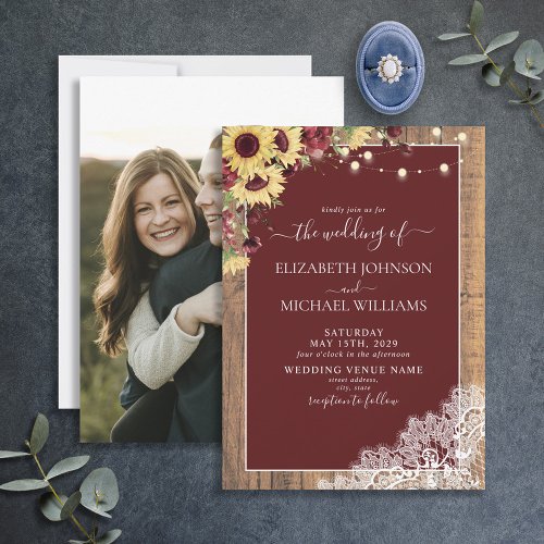 Burgundy Sunflower Wood Script Lace Photo Wedding Invitation