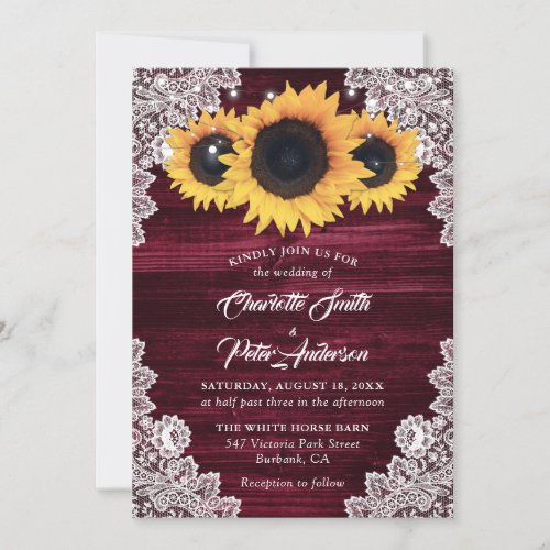 Burgundy Sunflower Wood String Lights Wedding Invitation