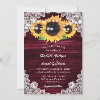 Burgundy Sunflower Wood String Lights Wedding Invitation