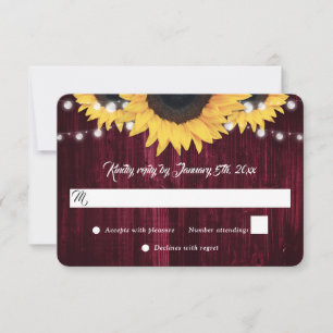 Burgundy Sunflower Wood String Lights Wedding RSVP Card