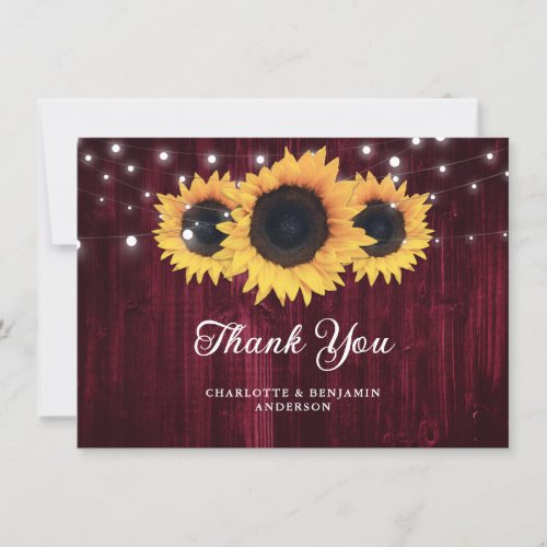 Burgundy Sunflower Wood String Lights Wedding Thank You Card