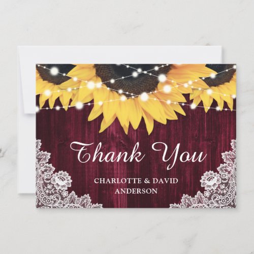 Burgundy Sunflower Wood String Lights Wedding Thank You Card