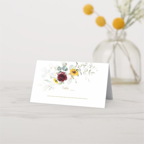 Burgundy Sunflowers Airy Greenery Table Number   Place Card