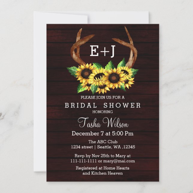 Burgundy Sunflowers Antlers Country Bridal Shower Invitation (Front)