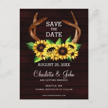 Burgundy sunflowers antlers country chic wedding  announcement postcard
