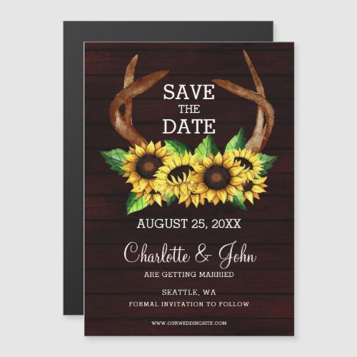 Burgundy sunflowers antlers country save the date  magnetic invitation