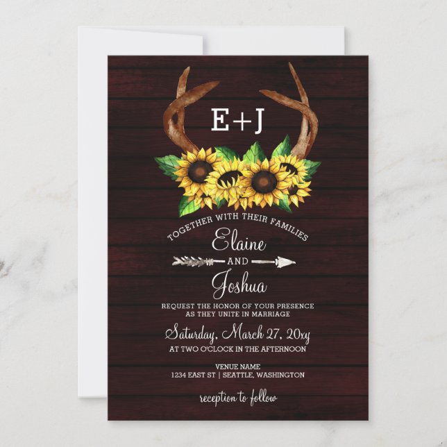 Burgundy Sunflowers Antlers Country Wedding Invitation (Front)