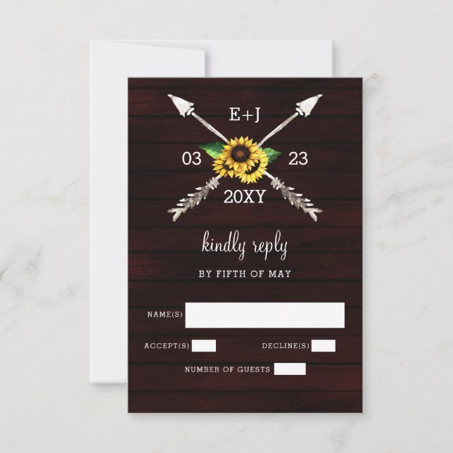 Burgundy Sunflowers  Barn wood country  wedding  RSVP Card (Front)