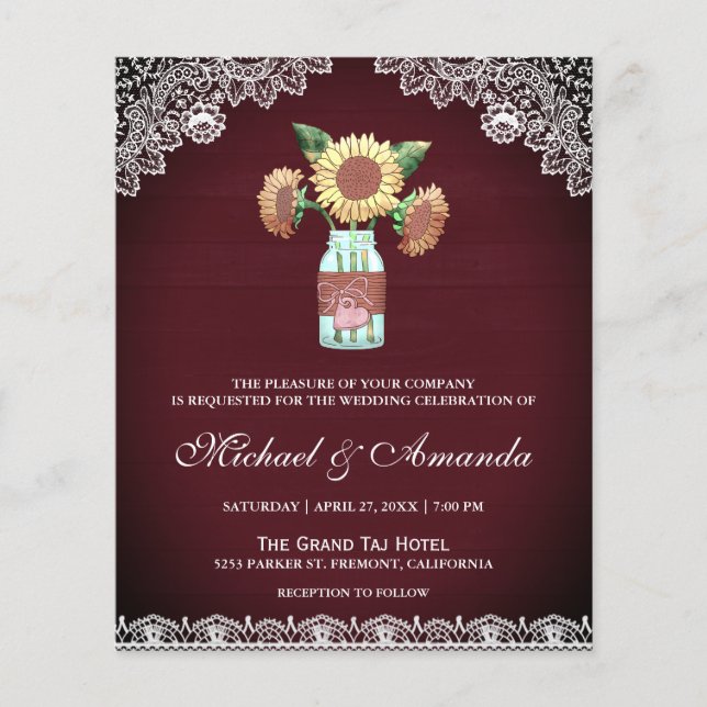 Burgundy Sunflowers Budget Wedding Invitation (Front)