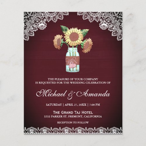 Burgundy Sunflowers Budget Wedding Invitation