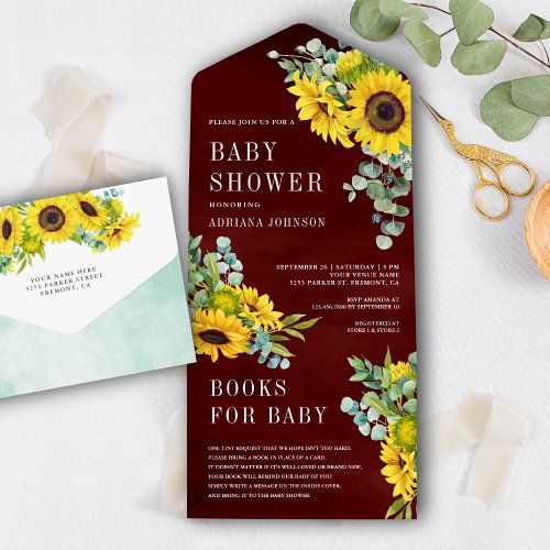 Burgundy Sunflowers Eucalyptus Leaves Baby Shower All In One Invitation