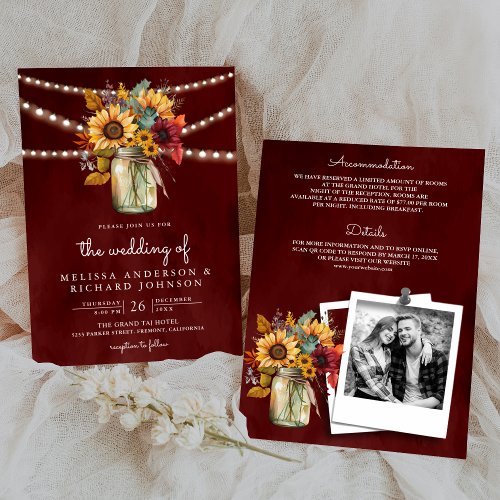 Burgundy Sunflowers Mason Jar All in One Wedding Invitation