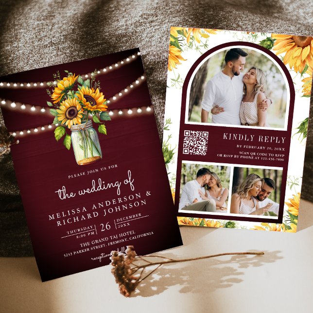 Burgundy Sunflowers Mason Jar QR Code Wedding Invitation (Creator Uploaded)