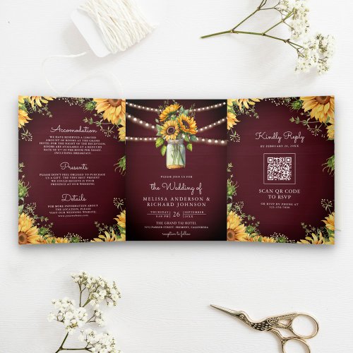 Burgundy Sunflowers Mason Jar QR Code Wedding Tri_Fold Invitation