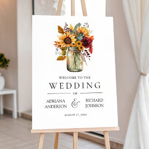 Burgundy Sunflowers Mason Jar Wedding Welcome Sign