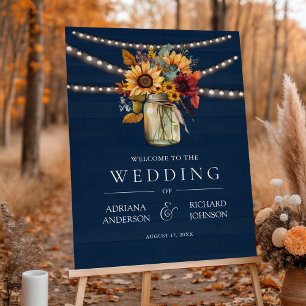 Burgundy Sunflowers Navy Blue Wedding Welcome Sign