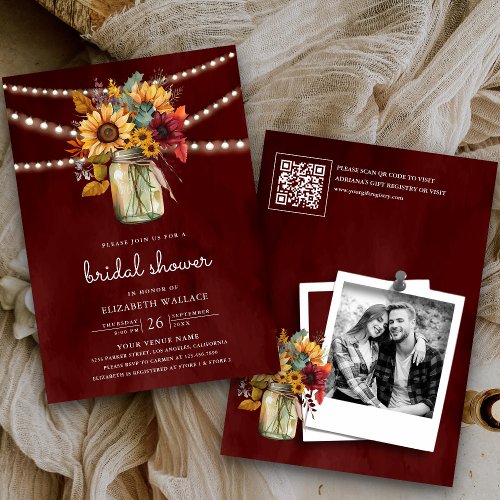 Burgundy Sunflowers Photo QR Code Bridal Shower Invitation