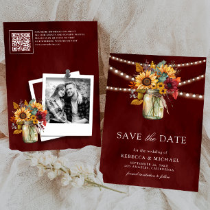 Burgundy Sunflowers QR Code Wedding Photo Save The Date