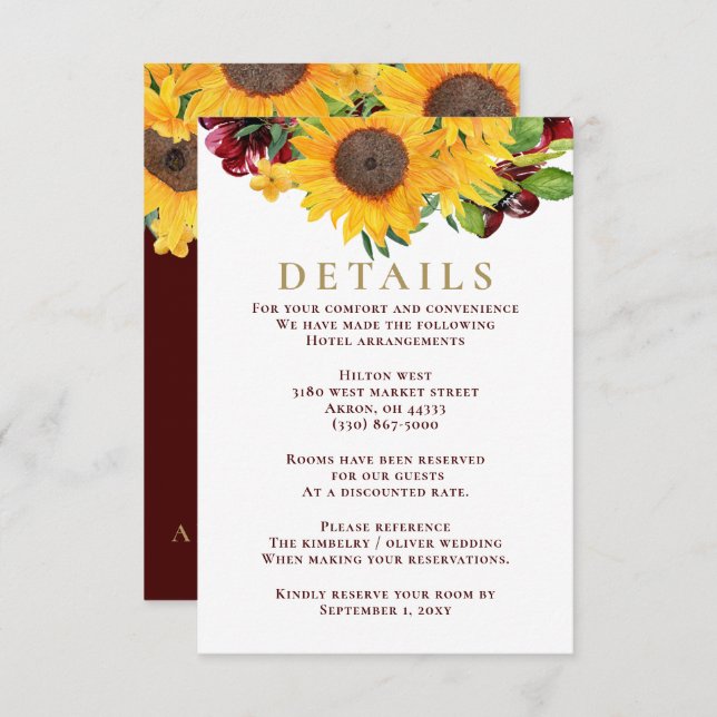 Burgundy Sunflowers Rustic Wedding Enclosure Card (Front/Back)