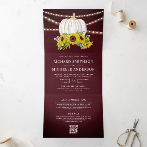 Burgundy Sunflowers White Pumpkin QR Code Wedding Tri-Fold Invitation