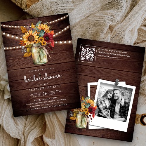 Burgundy Sunflowers Wood QR Code Bridal Shower Invitation