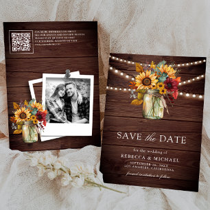 Burgundy Sunflowers Wood QR Code Wedding Photo Save The Date