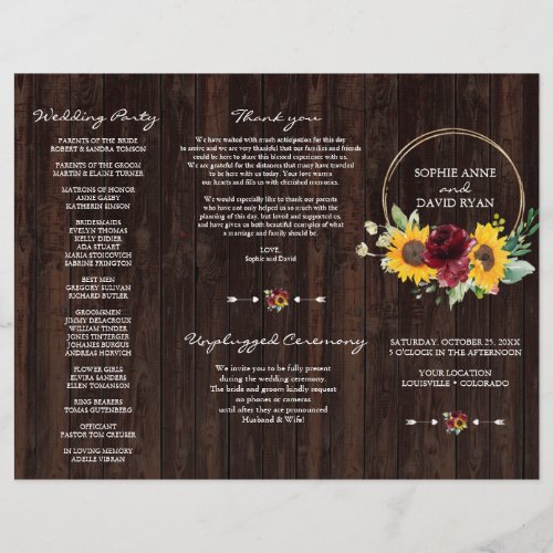 Burgundy Sunflowers Wood TriFold Wedding Program Flyer