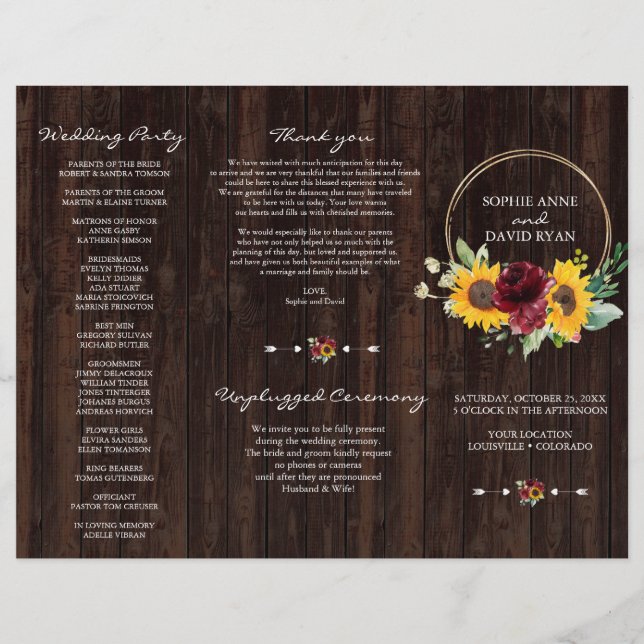 Burgundy Sunflowers Wood Tri+Fold Wedding Program Flyer (Front)