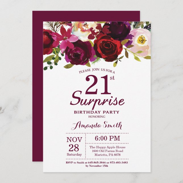 Burgundy Surprise Floral 21st Birthday Party Invitation (Front/Back)