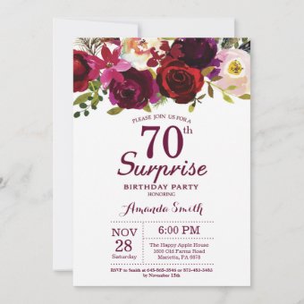 Burgundy Surprise Floral 70th Birthday Party Invitation | Zazzle