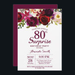 Burgundy Surprise Floral 80th Birthday Party Invitation<br><div class="desc">Burgundy Floral Surprise 80th Birthday Party Invitation for women. Burgundy Red Birthday Party Invite. Burgundy Watercolor Floral Flower. 13th 16th 18th 20th 21st 30th 40th 50th 60th 70th 80th 90th 100th, Any Ages. Printable Digital. For further customization, please click the "Customize it" button and use our design tool to modify...</div>
