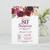 Burgundy Surprise Floral 80th Birthday Party Invitation (Standing Front)
