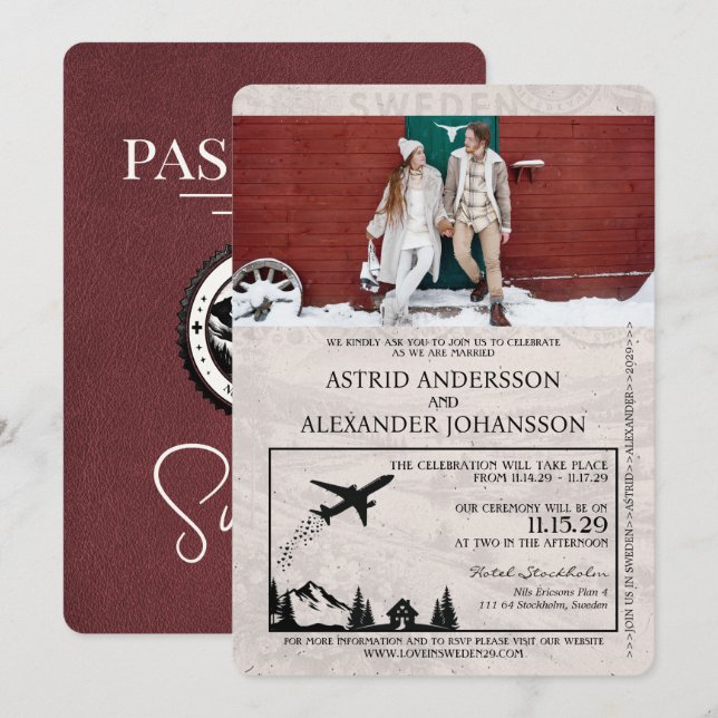 Burgundy Sweden Passport Wedding Invitation (Front/Back)