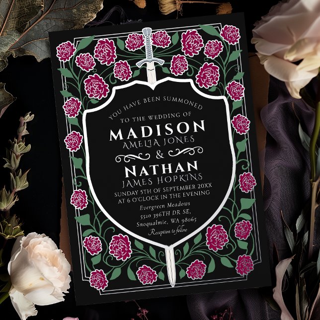 Burgundy Sword Shield Monogram Fantasy Wedding  Foil Invitation (Creator Uploaded)