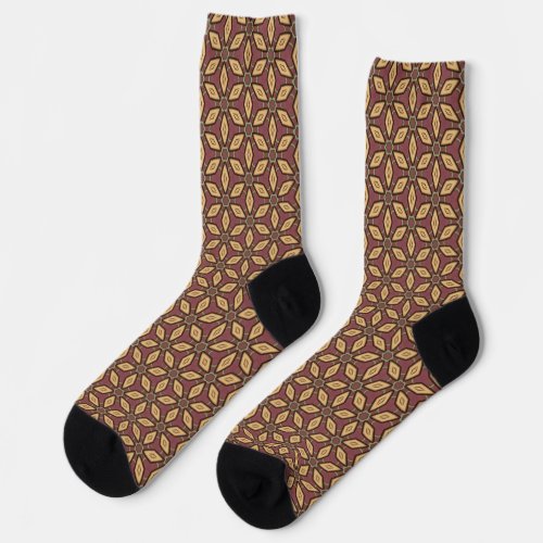 Burgundy Tan Abstract Floral Flower Pattern Socks