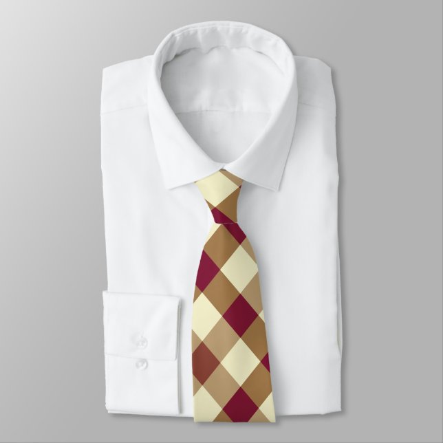 Burgundy, Tan, and Cream Diagonal Gingham Pattern  Neck Tie (Tied)